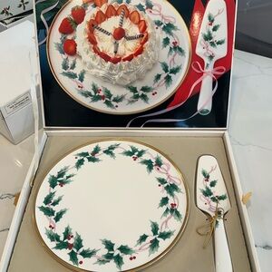 Mikasa Ribbon Holly Cake Set Plate And Server Christmas Bone China Discontinued